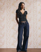 Peach Button Up Top - Black Polka Dot