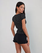 Peach Button Up Top - Black Polka Dot