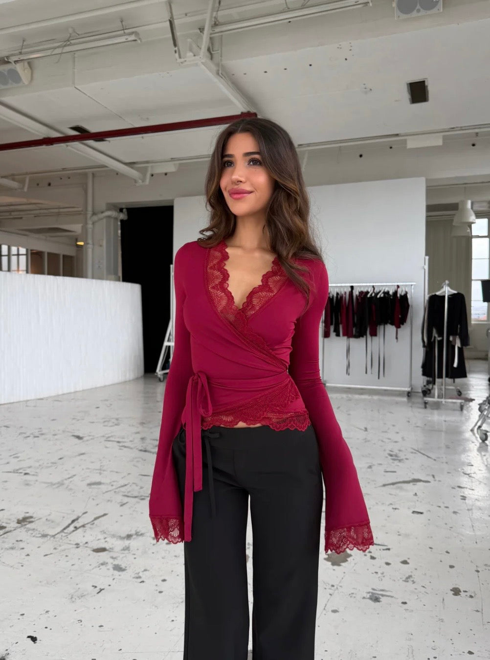 Capri Lace Long Sleeve Top - Red