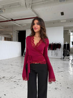 Capri Lace Long Sleeve Top - Red