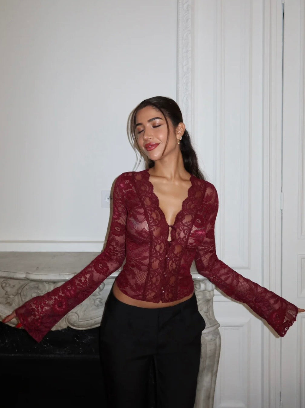 Sienna Lace Long Sleeve Top - Maroon