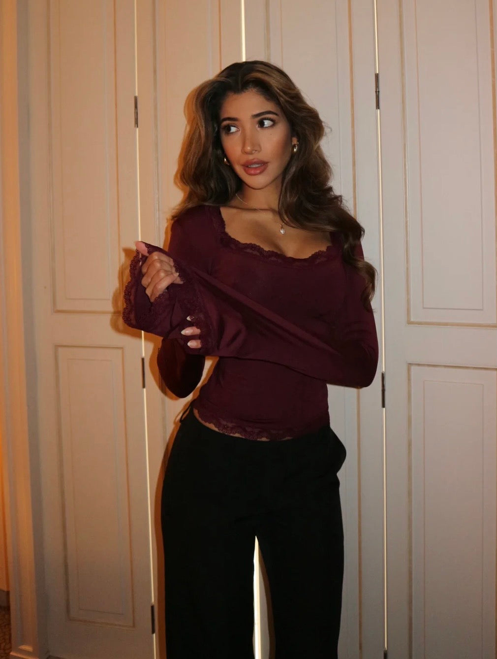 Blair Lace Long Sleeve Top - Maroon