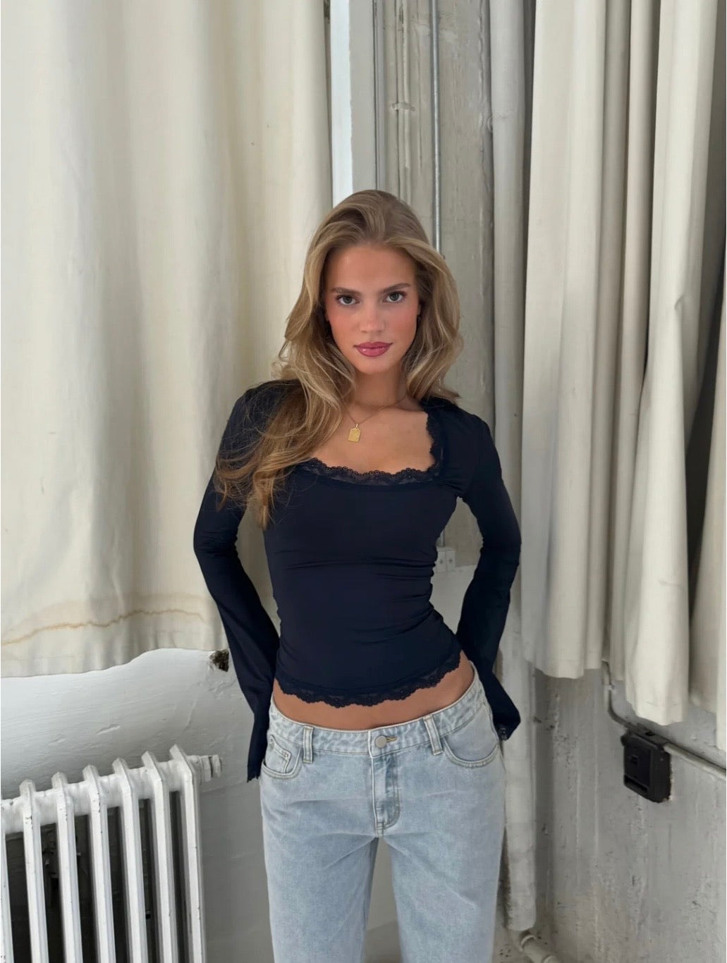 Blair Lace Long Sleeve Top - Navy Blue