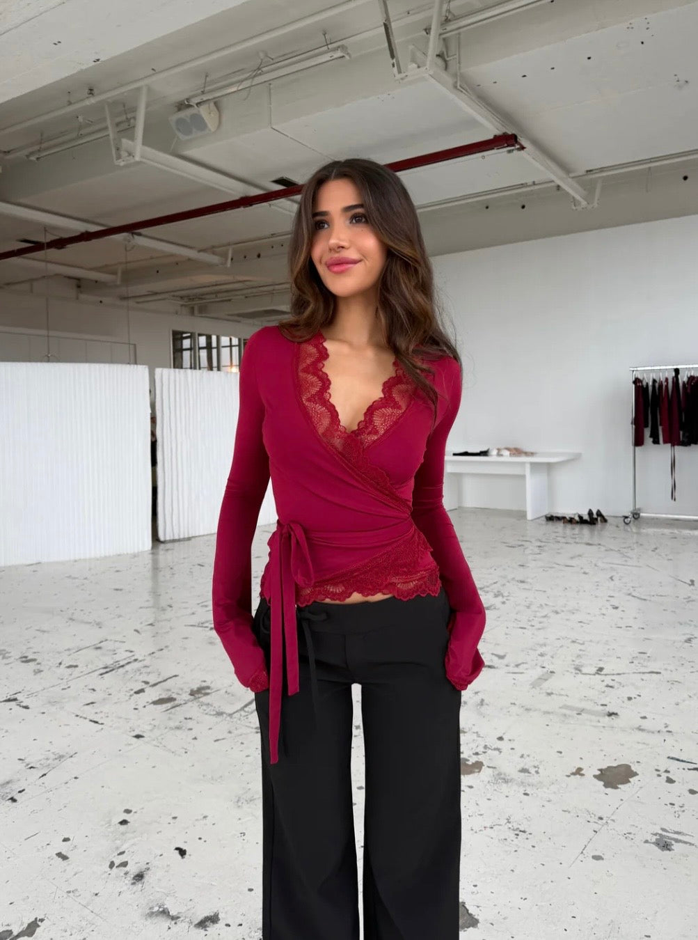 Capri Lace Long Sleeve Top - Red