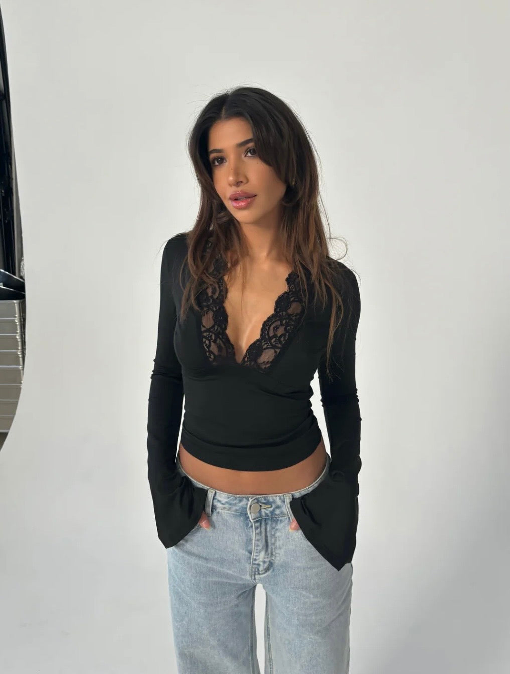 Willow Lace Long Sleeve Top - Black