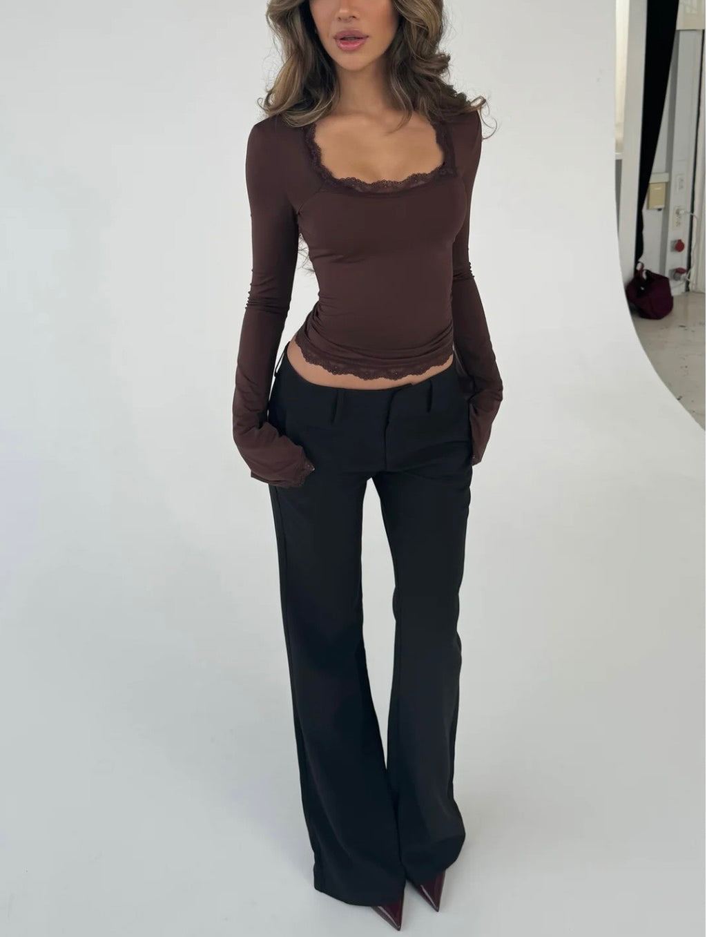 Blair Lace Long Sleeve Top - Brown