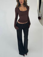 Blair Lace Long Sleeve Top - Brown