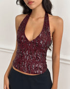 Cosette Halter Sequin Top - Maroon