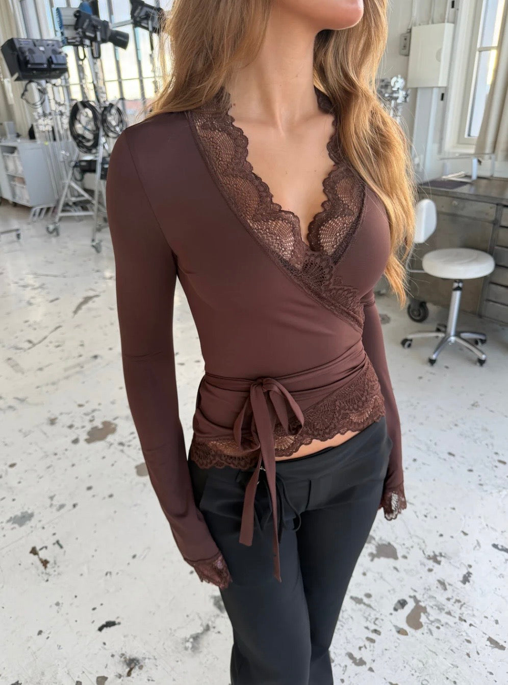 Capri Lace Long Sleeve Top - Brown