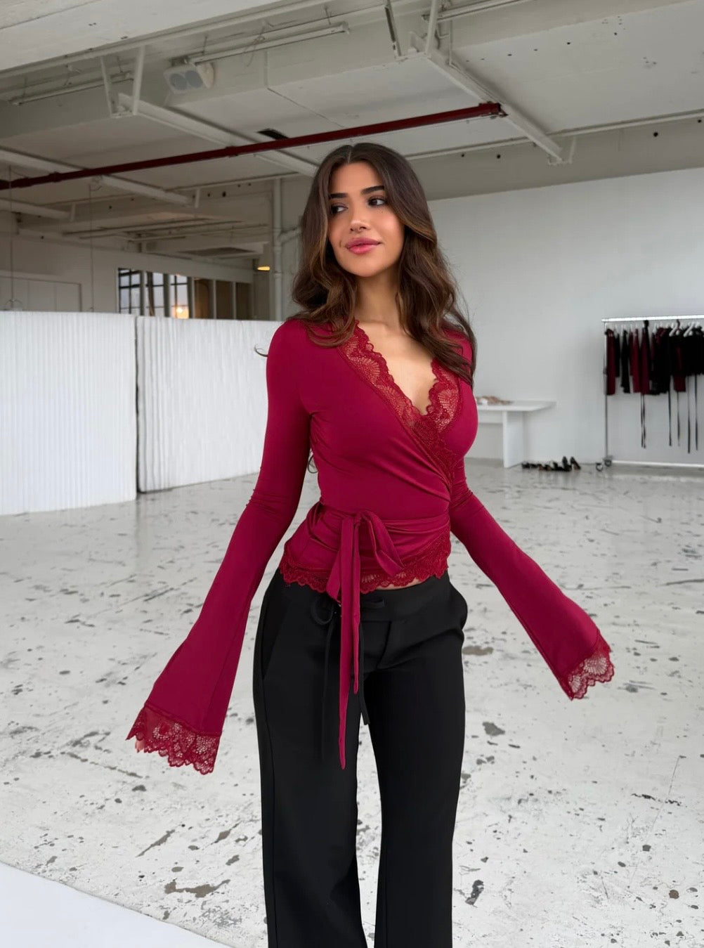 Capri Lace Long Sleeve Top - Red